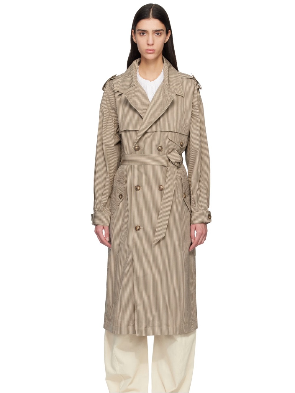 Isabel Marant Khaki Pinstripe Double-Breasted Trench Coat